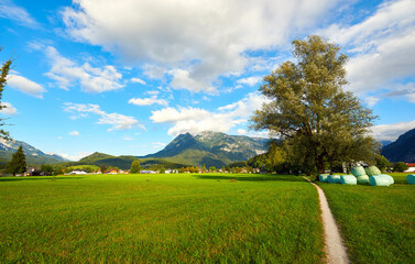 Beautiful Austrian Landscape with Field, Mountains and Pathway. Bad Goisern, Upper Austria. 