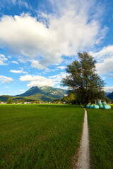Fototapeta na wymiar Beautiful Austrian Landscape with Field, Mountains and Pathway. Bad Goisern, Upper Austria. 