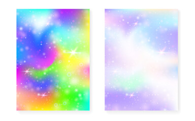 Fototapeta premium Princess background with kawaii rainbow gradient. Magic unicorn hologram.
