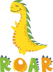 Children's vector illustration. Cute dinosaur and Roar littering. Illustration for print on children's clothing.