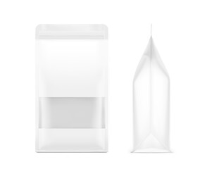 Stand bag with transparent window mockup on white background. With the transparent window and screen mode overlay, it's easy to make a realistic mockup of your product. Vector illustration. EPS10.
