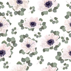 Seamless vector pattern. White anemones, eucalyptus, green plants and leaves. Elements for wedding design