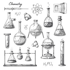Set of different pharmaceutical flasks, beakers and test tubes. A sketch of chemical laboratory objects. - 489282154