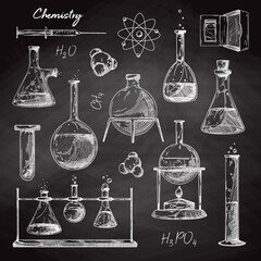 Set of different pharmaceutical flasks, beakers and test tubes. Sketch of chemical laboratory objects on a chalk board. - 489282192