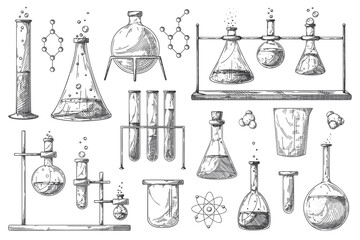 Set of different pharmaceutical flasks, beakers and test tubes. A sketch of chemical laboratory objects. - obrazy, fototapety, plakaty