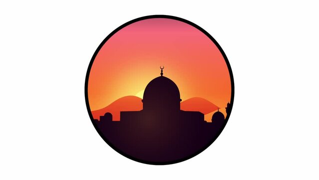 Animated sunset the silhouette of a mosque. Sunset behind the mosque