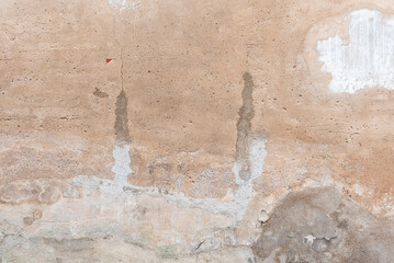 Empty Old Brick Wall Texture. Painted Distressed Wall Surface. Shabby Building Facade With Damaged Plaster. Abstract Web Banner. Copy Space.