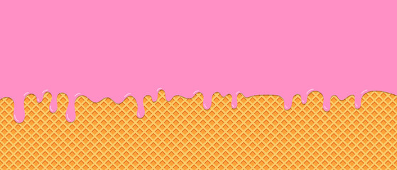Pink strawberry ice-cream melted on waffle background. Vector Illustration - obrazy, fototapety, plakaty