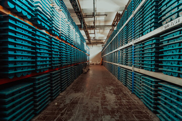Gold mining storage rock core samples geology drilling industy. Large ore warehouse in modern...