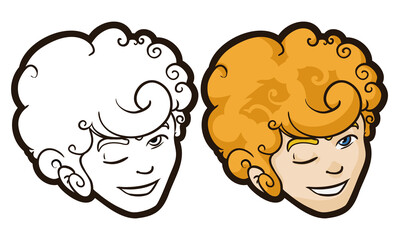 Set with winking and smiling boy in outlines and color version, Vector illustration