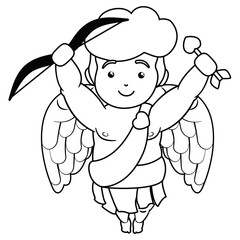 Cupid in outlines to coloring, flying with bow and arrow, Vector illustration