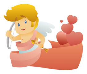 Cute Cupid with silver bow, golden arrow, ribbon and hearts, Vector illustration