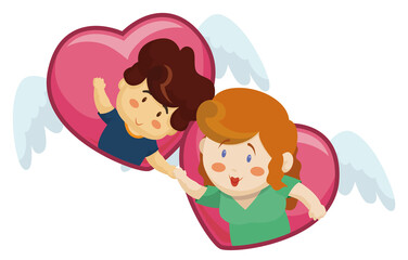 Cute couple inside flying hearts expressing their love, Vector illustration