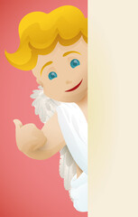 Happy blond Cupid with thumb up gesture behind wall, Vector illustration