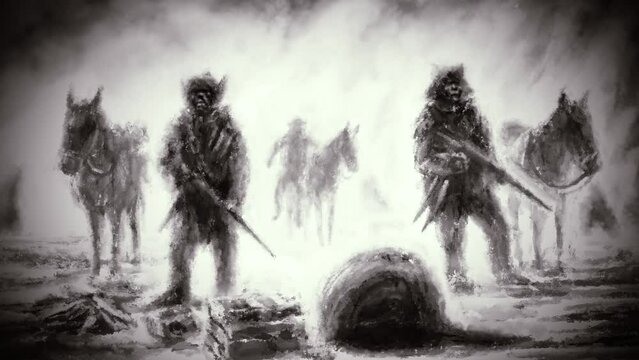 Gloomy warriors stopped by dead dog on road. 2D animation horror fantasy genre. Severe warriors with rifles. Grunge and noir styles. Cinematic background effect. Motion graphics for VJ music clips.