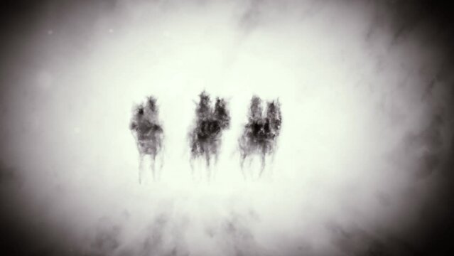 Riders on road are like ghosts from gray waves fog. 2D animation horror fantasy genre. Severe warriors with rifles. Grunge and noir styles. Cinematic background effect. Motion graphics for VJ clips.