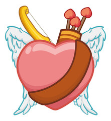Winged heart like Cupid with belt, quiver, arrows and bow, Vector illustration