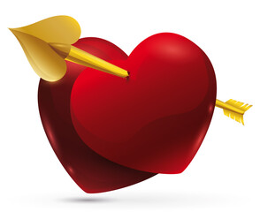 Pierced heart with golden arrow resting over other heart, Vector illustration