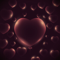 Dark background decorated with heart shaped balloons, Vector illustration