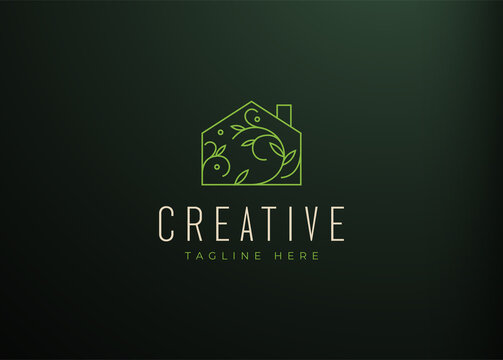 Flora House Logo Design Template. Eco House Icon Line Art Vector