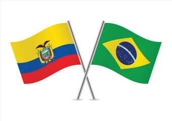 Ecuador and Brazil crossed flags. Ecuadoran and Brazilian flags, isolated on white background. Vector icon set. Vector illustration.