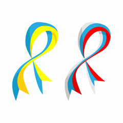 Vector illustration. Ukrainian and russian flag stripe ribbon on white background.