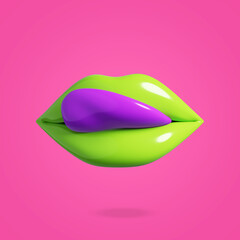 Pop art style. Colorful lips. Girl sexy lips. 3d render. Lick green lips © MadPolygon