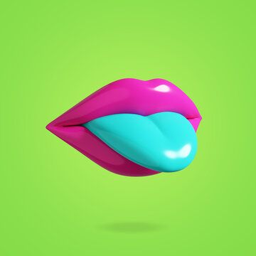 Pop art style. Colorful lips. Girl sexy lips. 3d render. Blue tongue