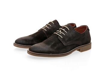 Male brown leather shoes on white background, isolated product.