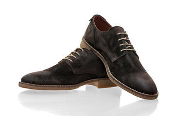 Male brown leather shoes on white background, isolated product.