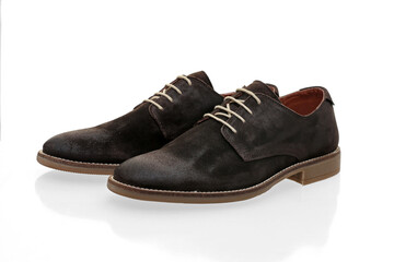 Male brown leather shoes on white background, isolated product.