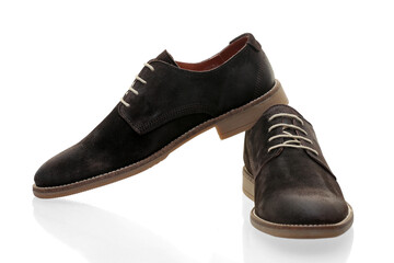 Male brown leather shoes on white background, isolated product.