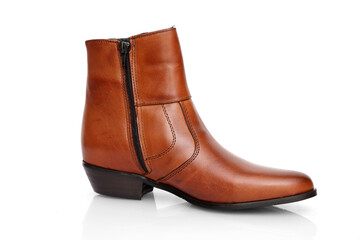 Male brown leather boots on white background, isolated product.