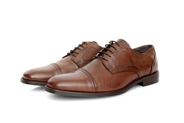 Male brown leather shoes on white background, isolated product.