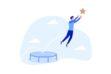 Reach success, improvement or career development, business tools advantage to reach goal or target, growth and achievement concept, businessman bounce on trampoline jump flying high to grab star.