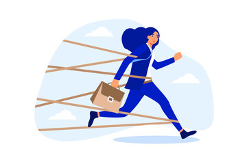 Gender barrier, woman career obstacle or inequality, limitation or discrimination, effort to overcome difficulty concept, strong businesswoman try with full effort to break red tape to growing in work