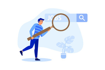 Looking for new job, employment, career or job search, find opportunity, seek for vacancy or work position concept, businessman climb up ladder of job search bar with binoculars to see opportunity.