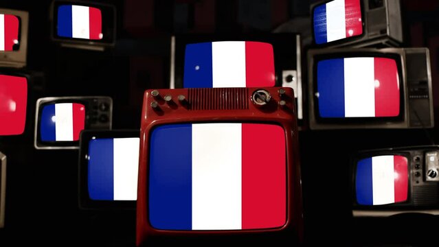 The National Flag of France and Vintage Televisions. 4K Resolution.