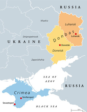Donbas area and Crimea, Ukraine political map. The disputed areas Crimea peninsula on the coast of Black Sea, and the Donbass region, formed by Luhansk Oblast and Donetsk Oblast. Illustration. Vector.