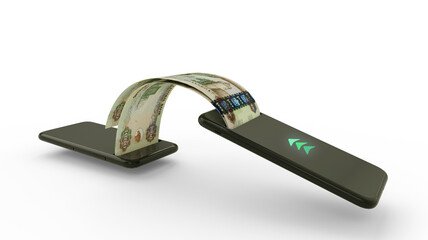 3D rendering of 1000 United Arab Emirates dirham notes transferring from one phone to another. mobile money transaction concept