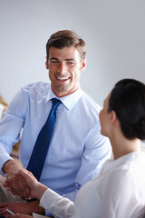 Obraz premium Welcome aboard. Cropped shot of two businesspeople shaking hands in an office.