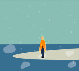 Men in raincoat going under severe rainfall and walking in puddle. Traveling in transport vector illustration.