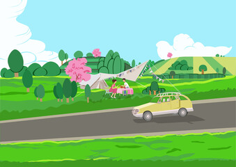 Illustration of young couples camping out in spring