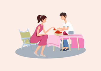 Illustration of young people sharing fruits