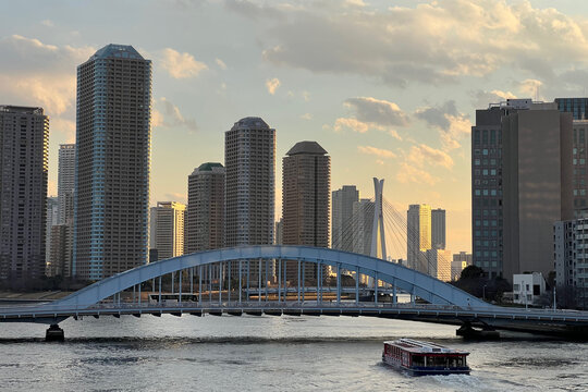 永代橋とタワーマンション群。夕方に東京・隅田川大橋から撮影