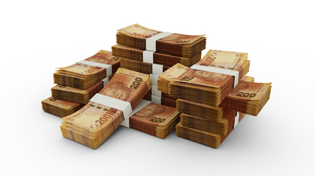 Stack of 200 South African Rand notes. 3D rendering of bundles of banknotes