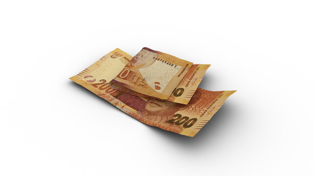 3D rendering of Double 200 South African rand notes with shadows on white background