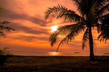 Tropical beach sunset with orange sky