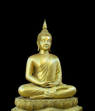 Golden seated Buddha image isolated on Black background.