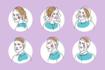 Doodles face line art,  set of hand-drawn people face character, vector objects isolated on a white background. One Line Drawing Vector expression Print Set. 